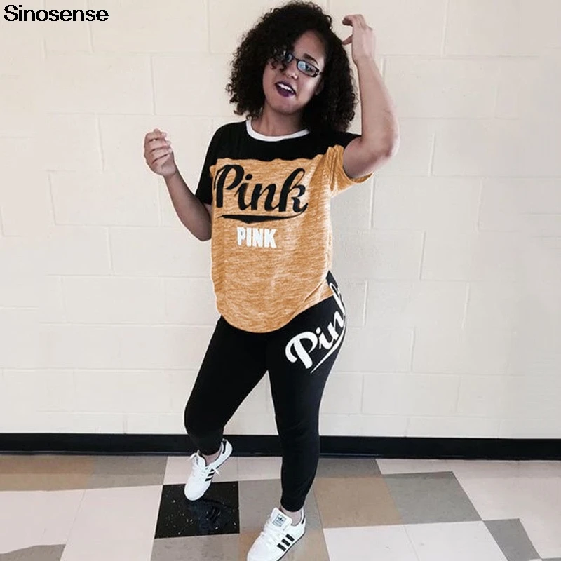 

2019 Sportswear Tracksuit Women Letter Pink Print Two Piece Set Casual Summer Short Sleeve T Shirt Long Pants Suits 2 Piece Set