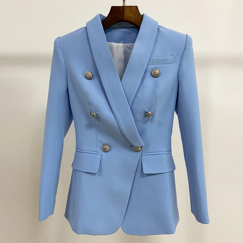 

EXCELLENT QUALITY 2019 Stylish Blazer for Women Ladies Silver Lion Buttons Double Breasted Career Blazer Jacket
