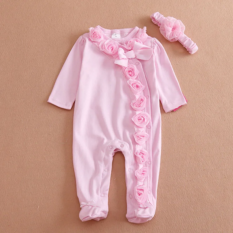 Vêtements pour bébé fille de 0 à 3 mois | T-shirt pantalon conjoint + bandeau, en coton, détail fleurs, décoration, Cuit, bébé fille