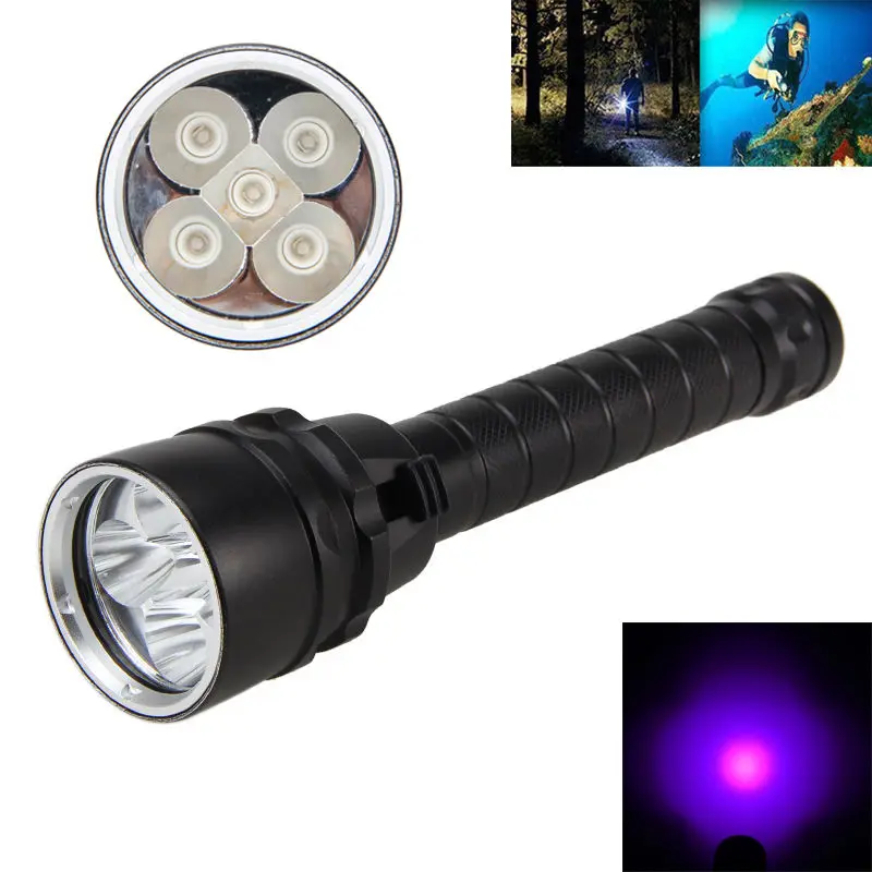 Kopen Onderwater 100 m Duiken Zaklamp 2500Lm LED 18650 5X UV Waterdichte Flash Light Zaklampen Lantaarn Voor Vis Kamp 365nm 395nm