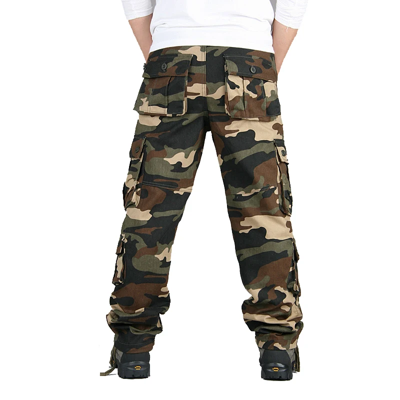 Billig Hohe Qualität männer Cargo Hosen Camouflage Lose Fit Männer Hosen Military Multi Taschen Große Größe Armee Gerade Hosen Männlichen p103
