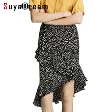 Женская шелковая юбка, натуральный шелк, креп, юбка с принтом, высокая талия, длина до колена, юбка с оборками, весна-лето, новинка, для офисных леди