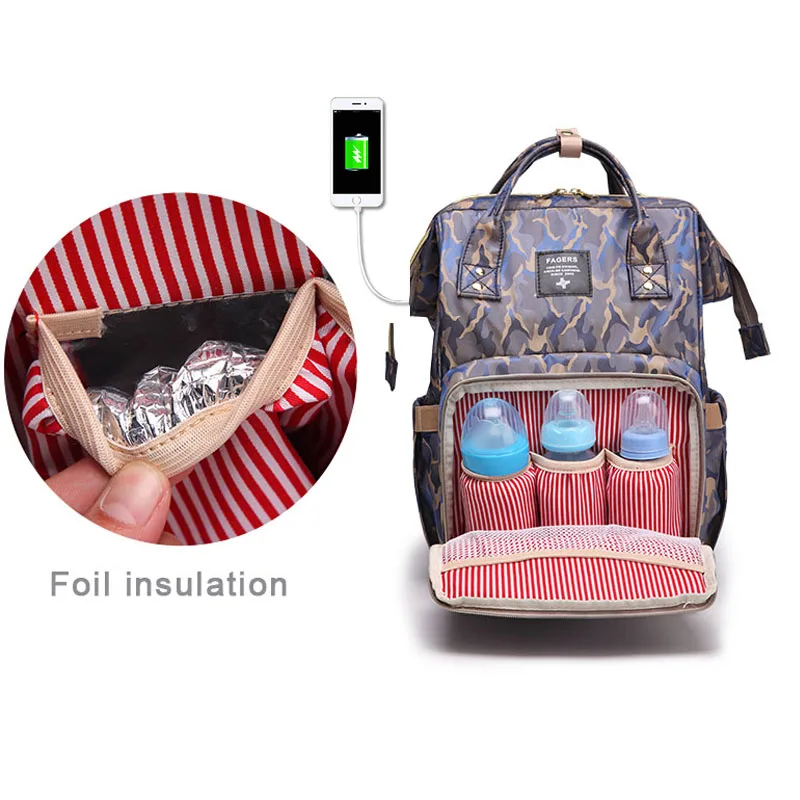 

FAGERS Brand Camouflage Mother Roomy Daily Nappy Backpacks with USB Charge Convenient Baby Nursing Bag