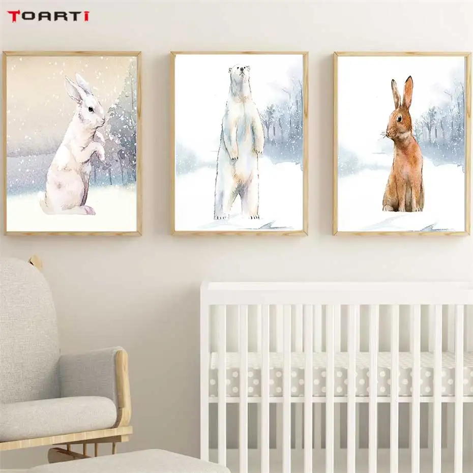 

Modern Snowfield Cartoon Animals Prints Posters Wall Art Rabbits Polar Bears Canvas Painting For Kids Nursery Bedroom Home Decor