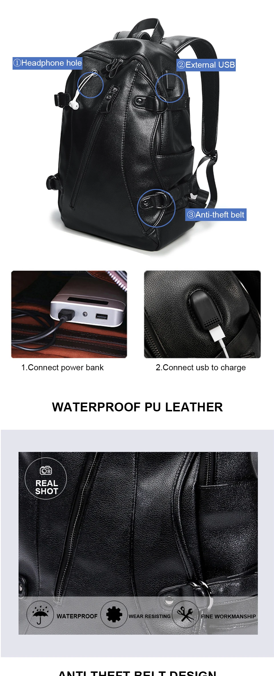 _02 2019 Pu Leather Backpack Laptop Men Male 15.6inch Notbook Back pack Teenager School Travel Backpacks Large Capacity Luggage Bag