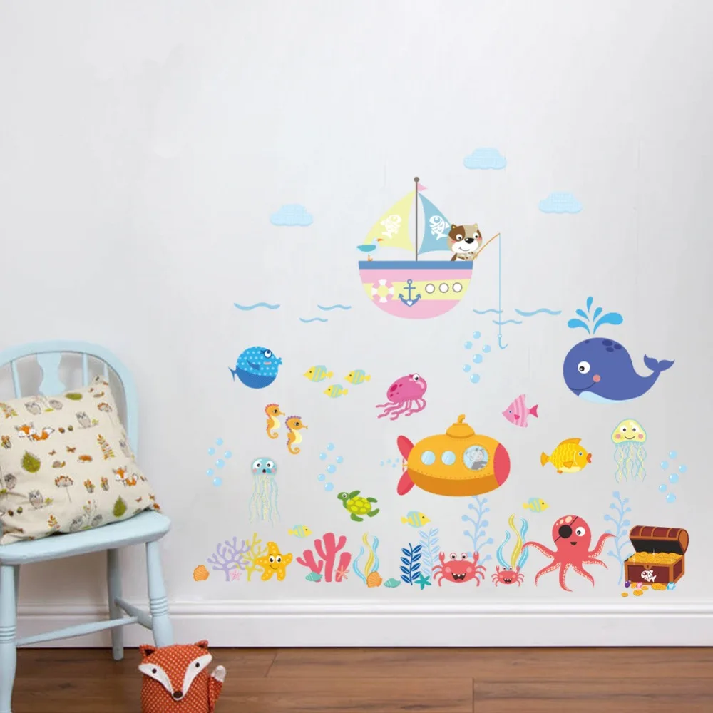 Подводные рыбные пузырьки Наклейки на стены для детской комнаты, ванной комнаты, спальни, домашний декор, Мультяшные животные, Наклейки на стены, сделай сам, Фреска, искусство
