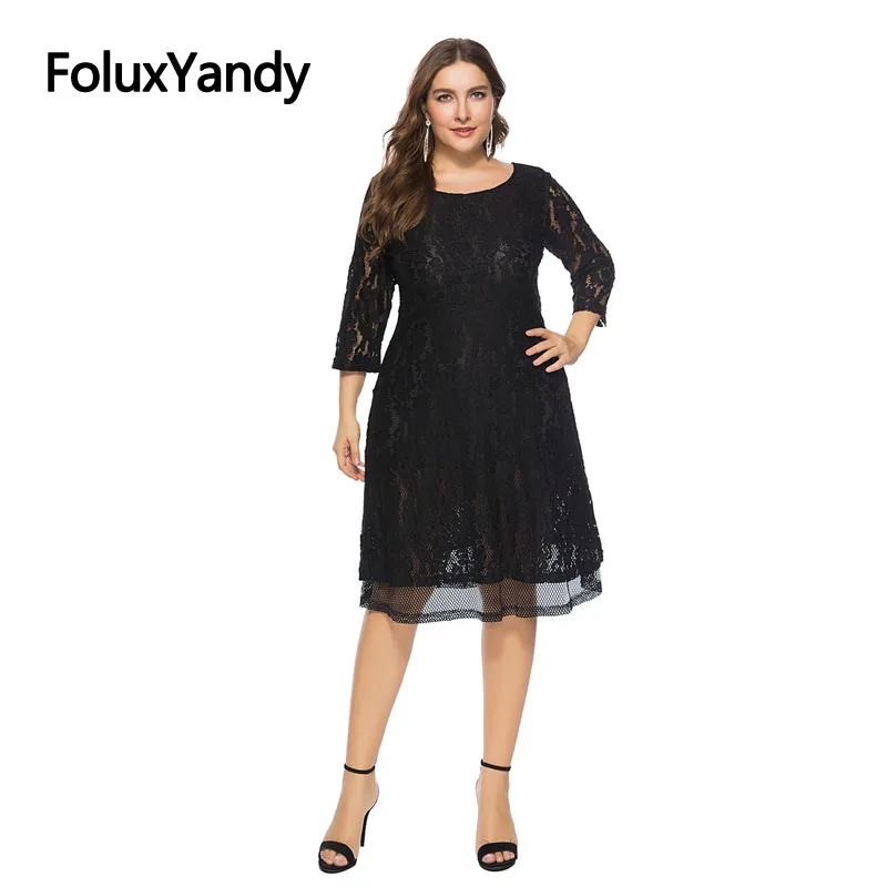 

Slim A-line Lace Dress Women Vestidos Plus Size Vintage Three Quarter Sleeve Transparent Mesh Summer Dress Black SQQ1915