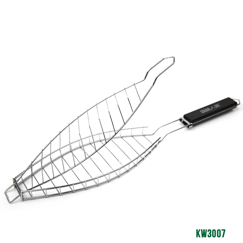 Hot selling 1 pcs Durable One Fish Grilling Basket w/ Black Wood Handle Fish Grill Rack BBQ Grill Basket for Single KW3007