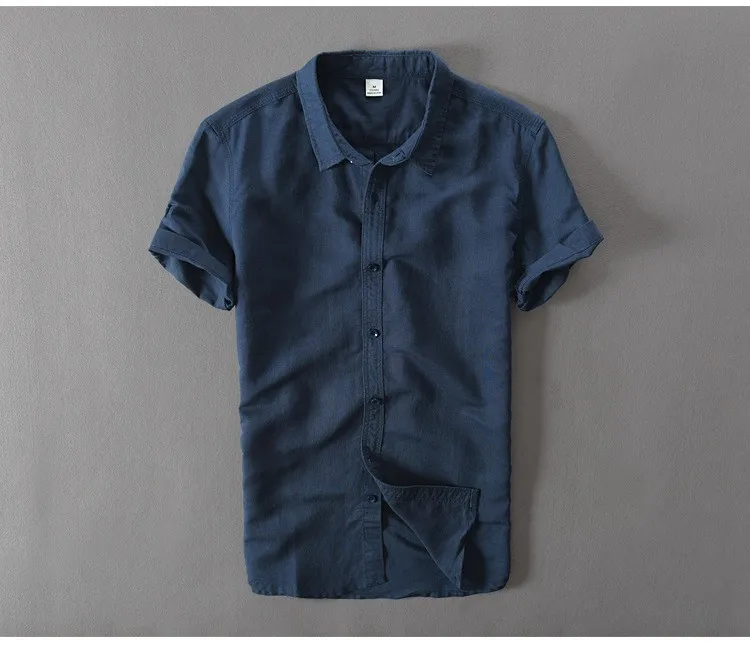 Для Мужчин's linen short-футболки с рукавами Повседневная хлопковая льняная рубашка Для мужчин брендовая одежда однотонные рубашки Для мужчин s