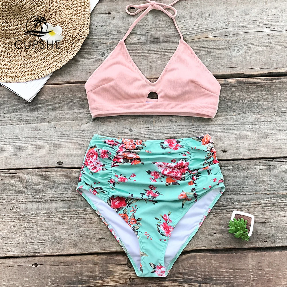 Günstige CUPSHE Rosa Und Blumen High taille Bikini Sets Frauen Halter Zwei Stücke Badeanzüge 2020 Mädchen Strand Badeanzüge Bademode