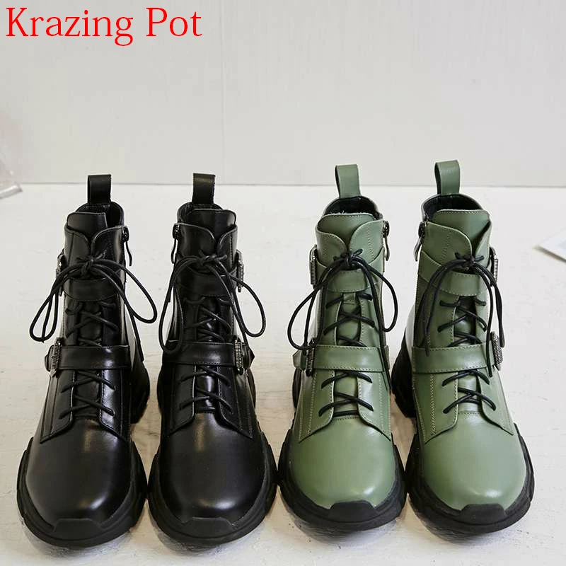 

2018 New Arrival Genuine Leather Gorgeous Streetwear Zipper Runway Med Heels Round Toe Thick Bottom Metal Buckle Ankle Boots L84