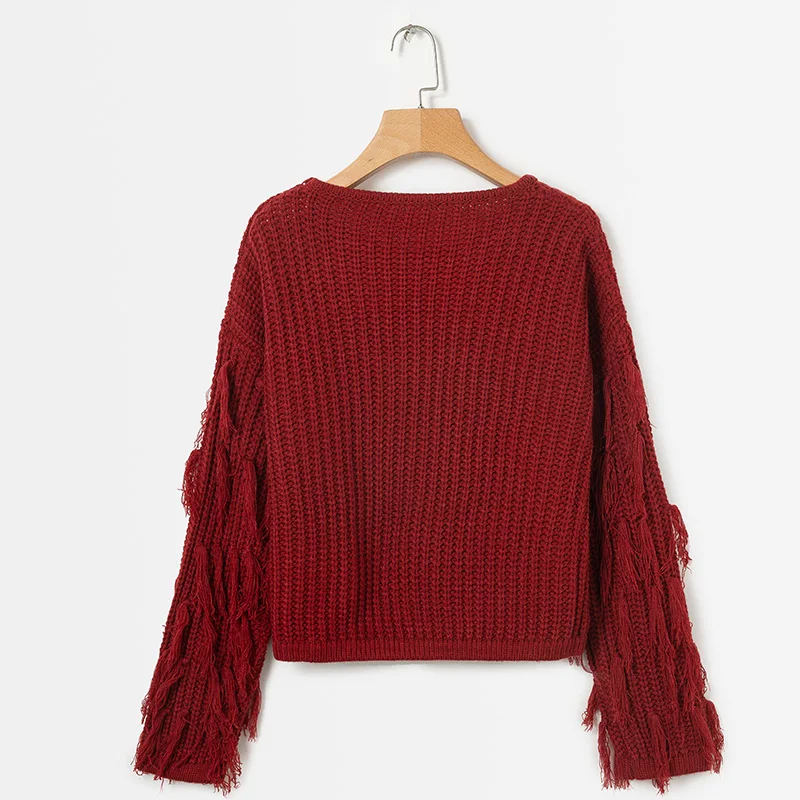 ShejoinSheenjoy Tassel Long Sleeve Knitted Sweater Women Tops Pullovers O-Neck Autumn Winter Short Pullover Women Sweaters (36)