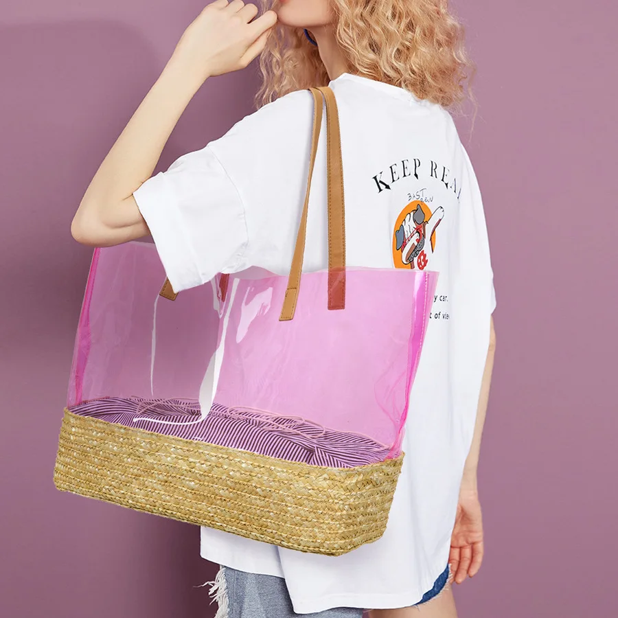 

Fashion Clear Pvc Straw Patchwork Women Handbags Wicker Woven Straw Bag Jelly Bag Rattan Female Shoulder Bags Summer Beach Purse