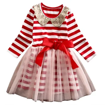 

Hot Sale Christmas Super Bow girls dresses for party and wedding Striped print Princess Kids Dress Fashion Children's Clothing