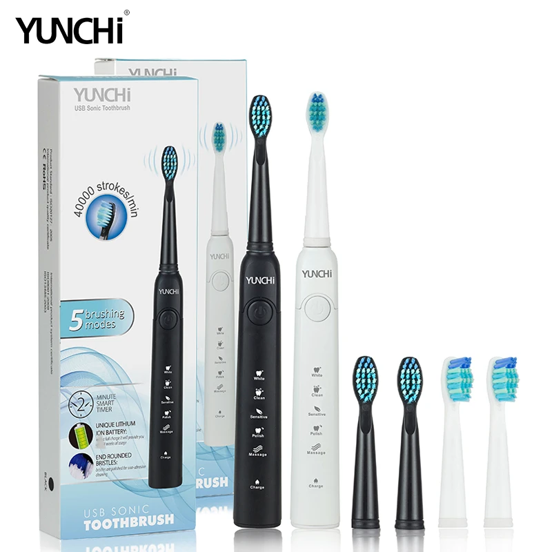 Yunchi 2018 New Sonic Electric Toothbrush Replaceable Brush Heads Nozzle USB Rechargeable Effective Clean White Yunchi 2018 New Sonic Electric Toothbrush Replaceable Brush Heads Nozzle USB Rechargeable Effective Clean White