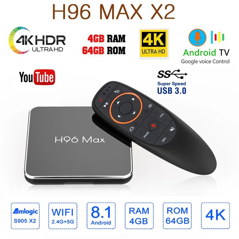 

h96 max x2 Android 8.1 smart tv box Amlogic S905X2 4K 3D 1080p USB3.0 4gb 64g support Google Voice Control Store Youtube tv box
