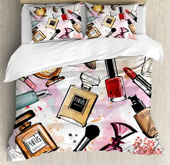 

Girls Duvet Cover Set Cosmetic and Makeup Theme Pattern with Perfume Lipstick Nail Polish Brush Modern Lady Bedding Set