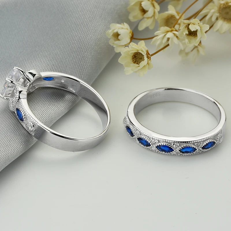 Valily Jewelry Wedding Rings 925 sterling silver couple rings for Bride Blue Oval Cubic Zirconia Round Band Ring for Women men