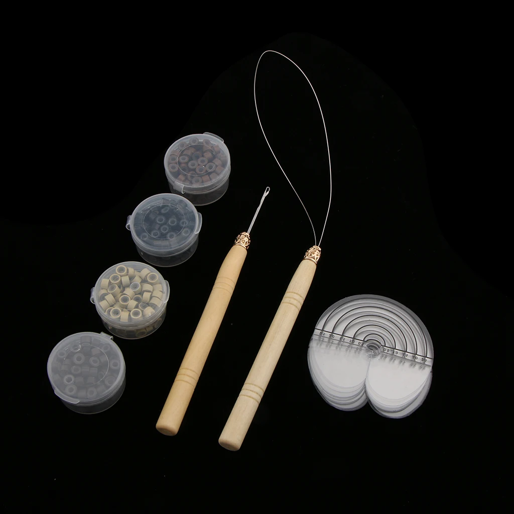 Hair Extension Tools Set Wood Hook Pulling Needle Loop Threader + 500 Micro Link Beads+ 10x Heat Shield Guards