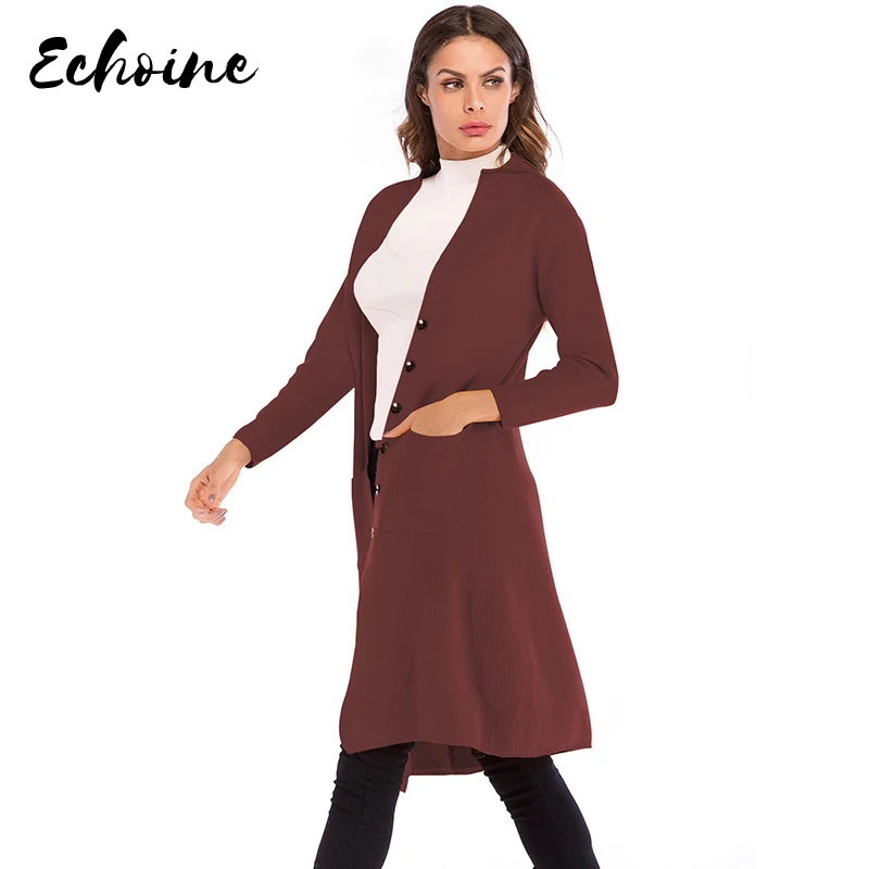 

Echoine Autumn/Spring Long Sleeve Sweater Cardigan Coat Women Fashion Single Breasted Shawl Loose Long Knitted Coat 3 Colors