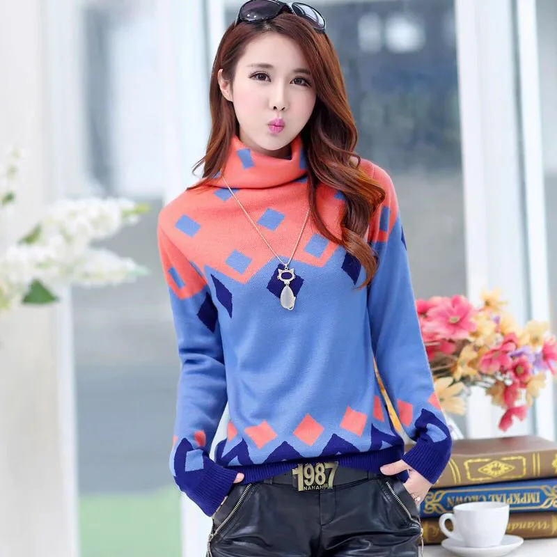 Autumn winter new arrival women plaid sweater Bottoming loose thick Tops o-neck High collar pullover knitting Female | Женская одежда