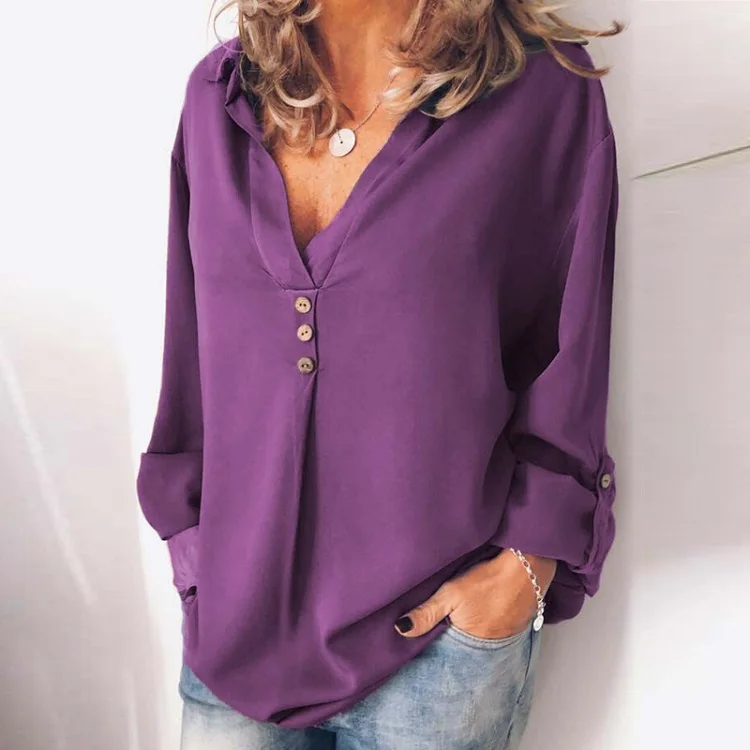 ELSVIOS, 5XL размера плюс, Женская туника, рубашка, осень, длинный рукав, кнопка, v-образный вырез, женские блузки и топы, летняя однотонная Повседневная Блузка - Цвет: Purple