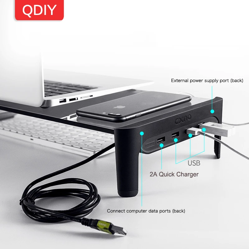 QDIY ЖК-монитор компьютерный Настольный Дисплей Держатель USB Стекло повышенные полки кронштейн для хранения монитор держатель