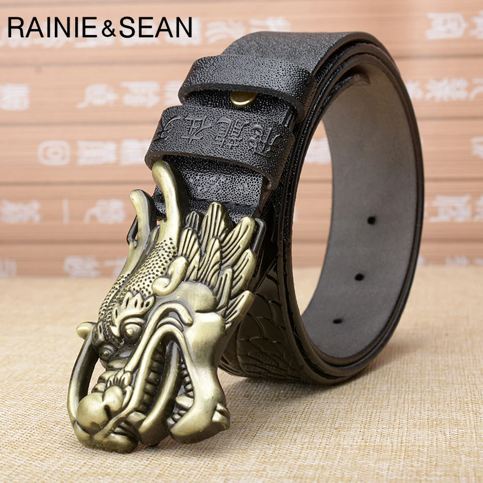 RAINIE SEAN Dragon Buckle Belt Men Real Leather Pin Belt Male Black Genuine Cow Leather Embossed Casual Business Luxury Belts