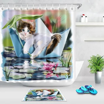 

Funny Cat Shower Curtain Kitten in a Paper Boat Floating on the Pond Bathroom Waterproof Polyester Fabric for Kids Bathtub Decor