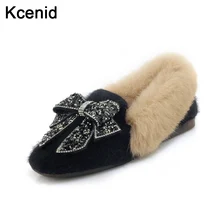 Kcenid/осенне-зимняя теплая обувь; модная женская обувь на плоской подошве со стразами и бантом; зимняя обувь без застежки с натуральным кроличьим мехом; женская повседневная обувь