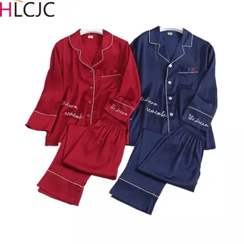 

Womens Silk Satin Pajamas Set Long Sleeve Sleepwear Sexy Casual Pajamas Suit Female Sleep Two Piece Set Loungewear Plus Size