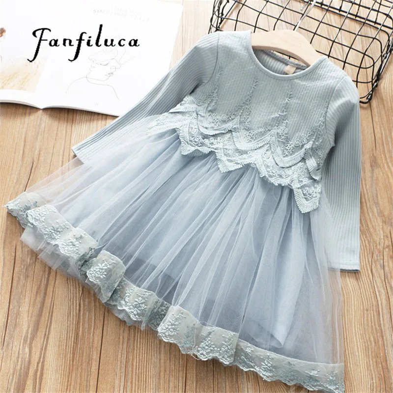 Fanfiluca/хлопковое платье для маленьких девочек; кружевные вечерние платья принцессы для девочек; Детские платья с длинными рукавами для девочек; весенняя одежда для детей