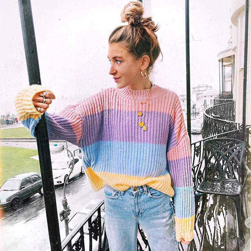 

ZADORIN 2019 Winter Tops for Women Rainbow Sweater Long Sleeve Striped Knitted Oversized Sweater Pullover Christmas jumper mujer