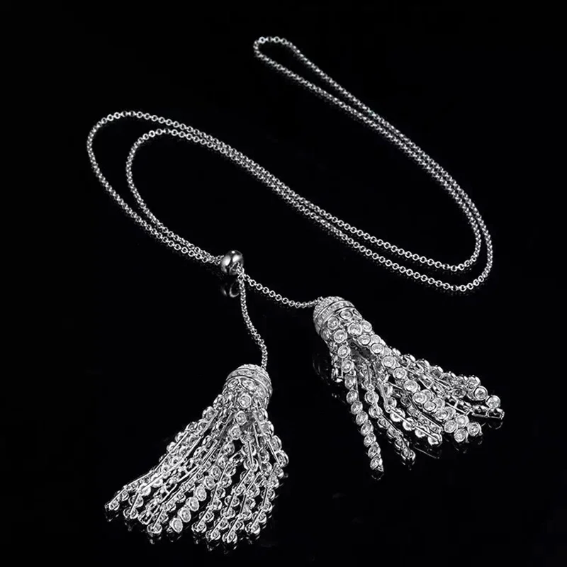 

Luxury Tassel Cubic Zircon Solid 925 Sterling Silver Chain Tassel Necklace Statement Collar Necklace Women Wedding