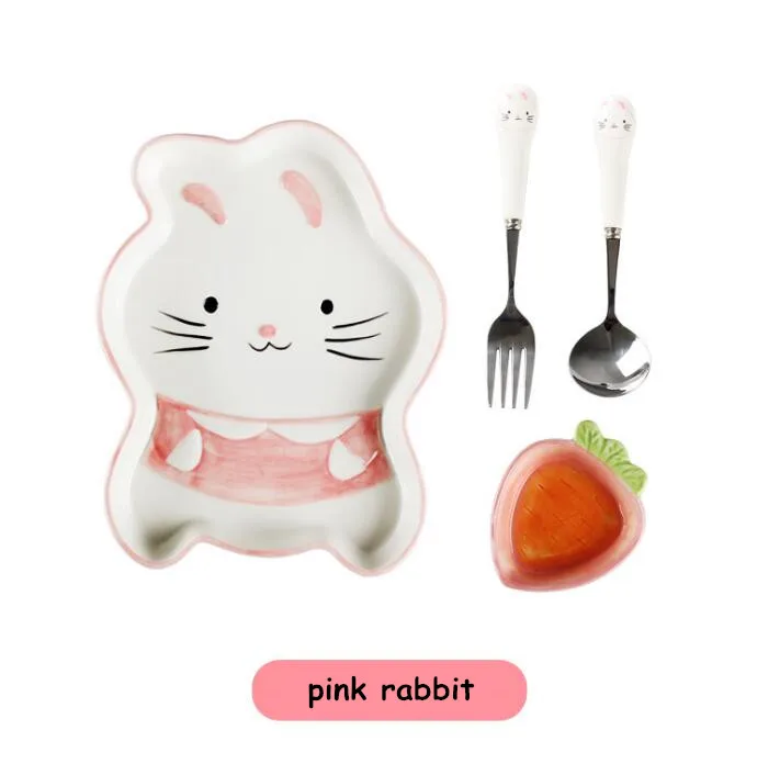 

pink Dish spoon fork 4 sets cute cartoon children's tableware creative forest, pet ceramic breakfast dish