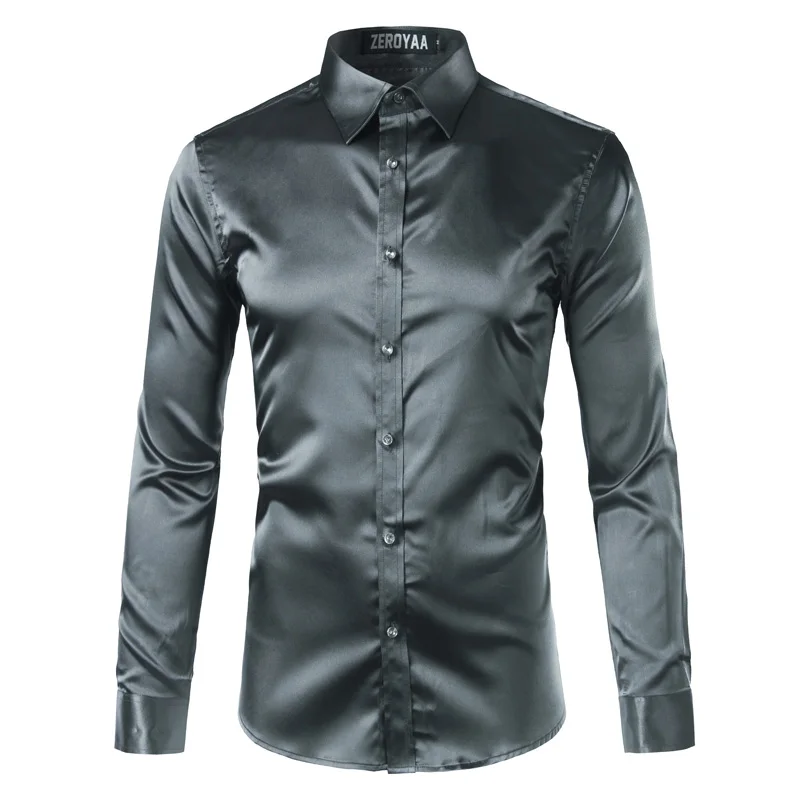 Шелковая сатиновая Мужская рубашка, новинка, повседневная мужская рубашка из искусственного шелка, приталенная Мужская рубашка с длинным рукавом, мужские рубашки - Цвет: Dark Gray