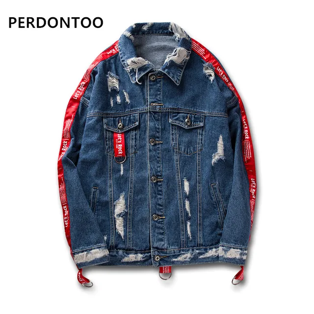 Distressed ripped Denim Chaqueta Hombre hip hop impreso