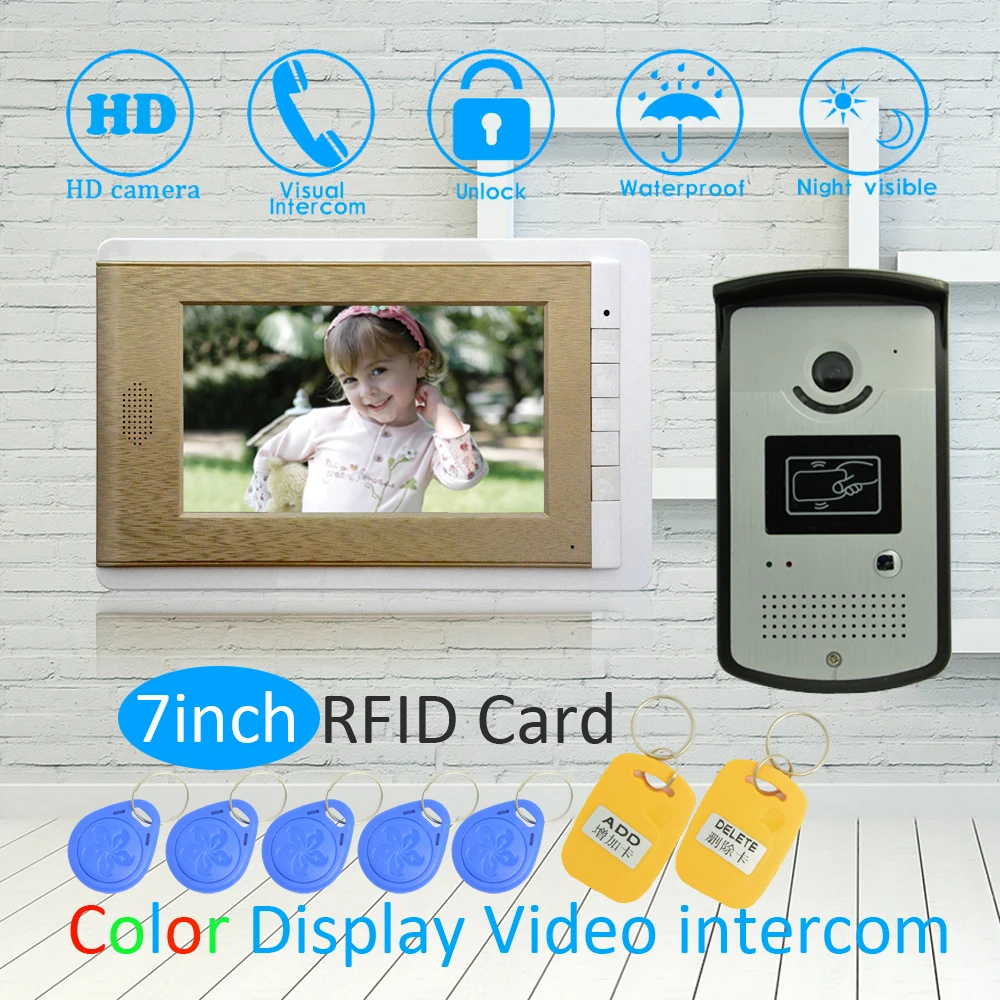 (1 SET) 7 Inch LCD Monitor RFID Unlock Function HD Night Vision IR Camera Video Door Phone System Doorbell Intercom