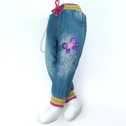 12M-5Y девушка джинсовые брюки для малышей с вышитыми бабочками Джинсы для женщин младенцев нержавеющей цепи Слаксы подросток ребенок mh0187