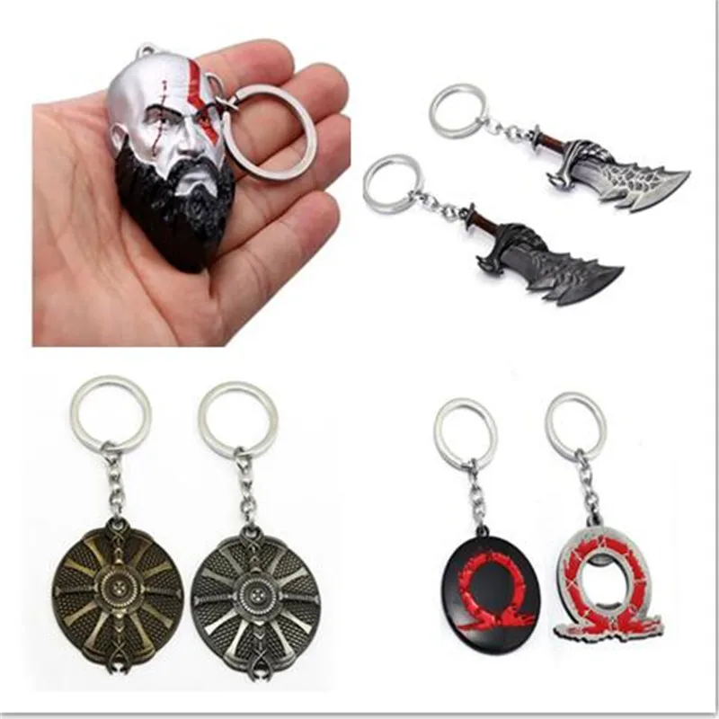 

HSIC Mixed God Of War 4 Keychain Kratos Axe Key Chains Sword OLYMPUS KRATOS Head Skull Weapons Metal Keyring Men llavero