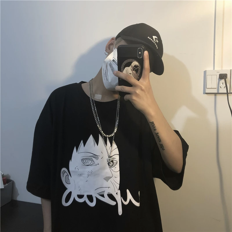 

Men's T-shirt Summer New Loose Round Neck Pullover Wild Short-sleeved Handsome Retro Anime Printing Youth Casual Men's Clothing