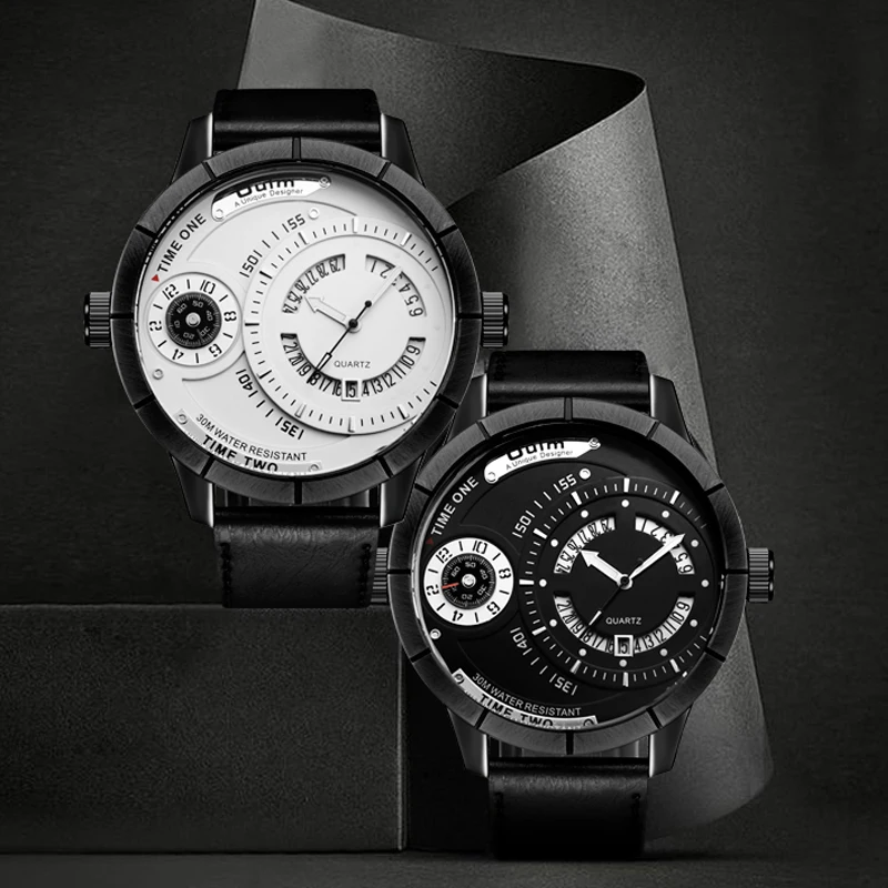 

Oulm Unique Design Calendar Quartz Watch Male Two Time Zone Big Watches Men Luxury Brand PU Leather Wristwatch Man Clock