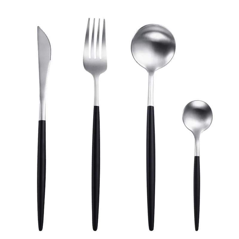 Набор столовых приборов Десертные Вилки Ножи Ложки палочки для еды нержавеющая сталь столовое серебро стейк посуда матовые серебряные столовые приборы посуда - Цвет: black silver