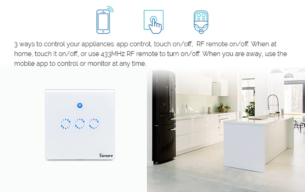 Painel de Toque Interruptor de Luz 86 tipo Reino Sonoff Inteligente Wifi - App Touch Control Wall Light Mudar 1 2 3 Gang Unido Parede Casa t1 rf 2 High Quality Renovação da Casa