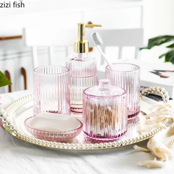 

Crystal Glass Bathroom Kit 5-piece Set Toothbrush Holder/soap Box/cotton Swab Box/toothbrush Cup/Lotion Bottle Bathroom Supplies