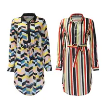 Womens Lapel Collar Chiffon Midi Pencil Blouse Dress Contrast Colored Geometric Stripes Long Tunic Tops Belted Button Up Curved contrast collar metal embellished button up shirt