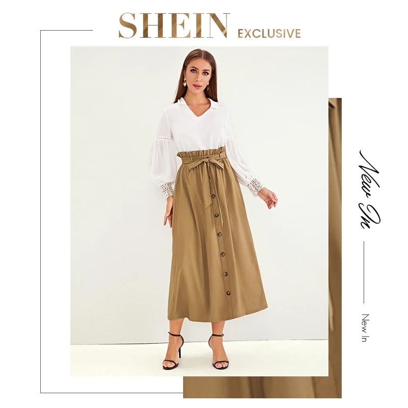 SHEIN abaya Camel Paperbag поясные однобортные юбки с поясом женские летние осенние с высокой талией однотонные расклешенные трапециевидные длинные юбки