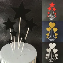 Топпер для торта, день рождения, золотой, пять звезд, для торта, для торта, вечерние, декоративные, с флагом, в форме сердца, бумага для добавления пластикового стержня, бумажный реквизит