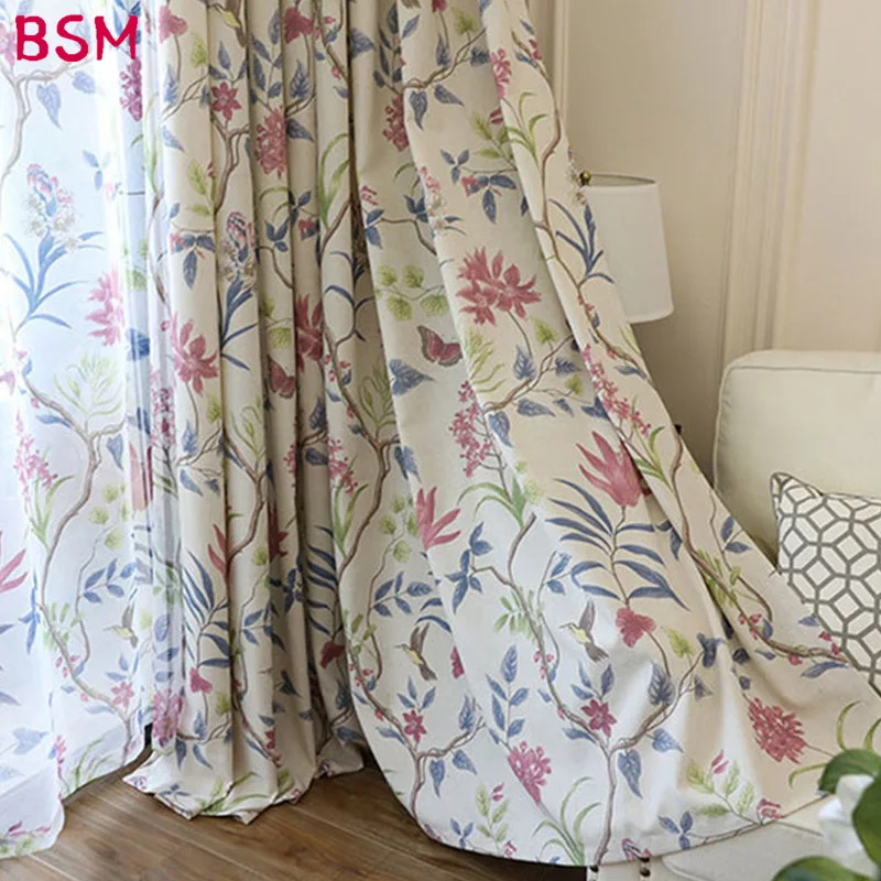 

American Pastoral Style Linen Curtains For Living Room Bedroom Curtains Bird Flora Print Tulle Curtains Panels Window AWB0334