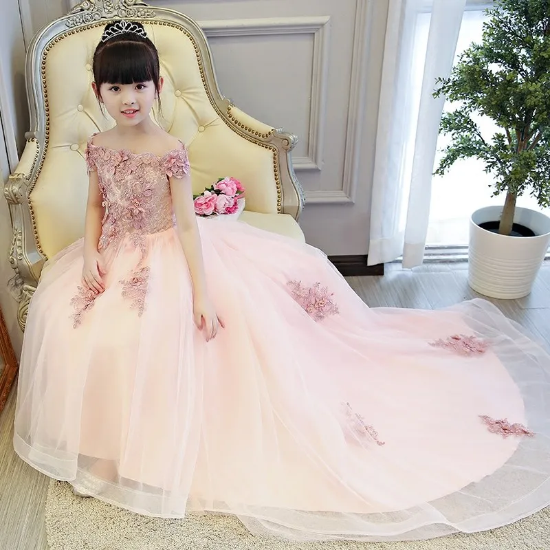 US Girls Princess Dress Party Formal Wedding Birthday Maxi Lace Tulle Prom Gown